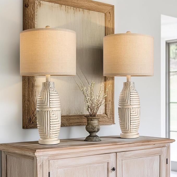 BOBOMOMO 25" Rustic Farmhouse Table Lamps Set of 2, Vintage Resin Nightstand Lamps with Fabric Shades, Retro Bedside Lamps for Bedroom, Living Room, Dining Room, Home Decoration