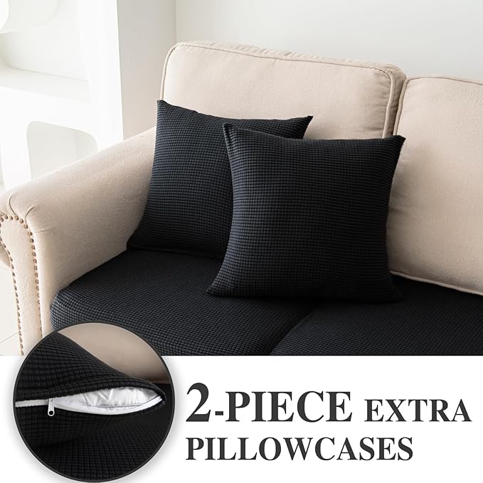Couch Cushion Covers for Sectional Sofa L Shape Washable Separate Seat Chaise Couch Cover Stretch Sofa Slipcovers with 2 Pcs Pillowcases(3 Seater + 1 Chaise, Black)
