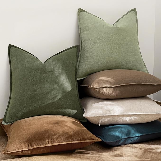 EMEMA Decorative Linen Throw Pillow Covers 18x18 Inch Curry Boho Farmhouse Neutral Couch Throw Pillows for Bed Pack of 2 Accent Pillowcase Modern Sofa Cushion Livingroom Home