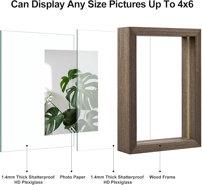 Egofine 4x6 Floating Frames Set of 2, Double Plexiglass Picture Frame, Made of Solid Wood Display Any Size Photo up to 4x6, Wall Mount or Tabletop Standing, Brown