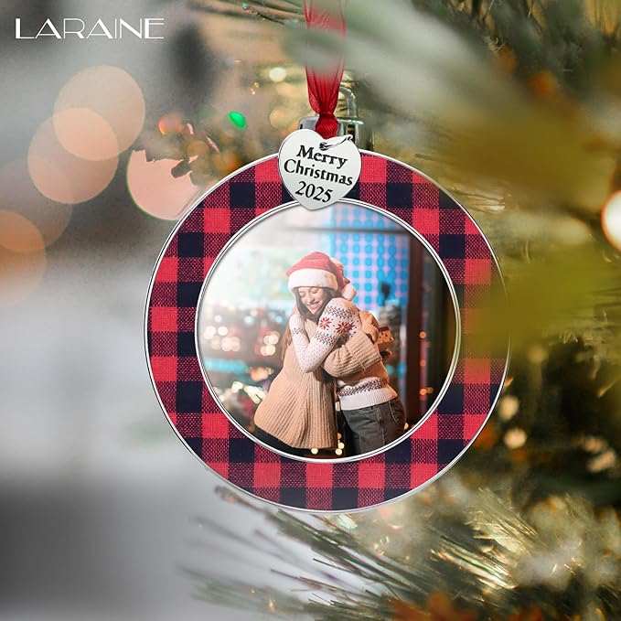 Laraine Christmas Tree Ornaments 3 Pieces – Decorative Hanging 2025 Plaid Pendant with 2.5” Picture Frame Insert Pet Holiday Keepsake Gift (Plaid-Red&Black (2025))
