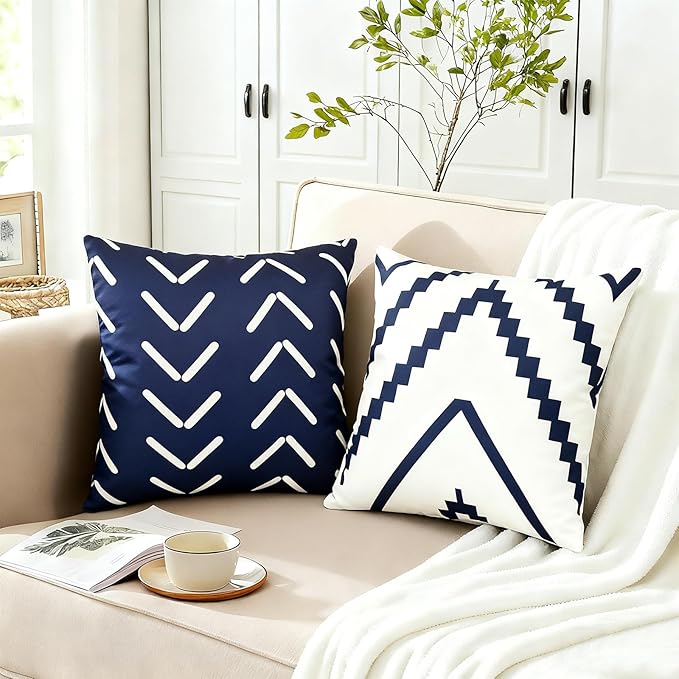 Decorative Throw Pillow Covers 18x18 inch Set of 4 Blue Pillow Covers for Couch Sofa Bed Living Room,Farmhouse Outdoor Throw Pillow Cover,Modern Geometric Linen Square Throw Pillow Cases