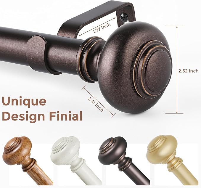 2 Pack Bronze Curtain Rods for Windows 30 to 56 Inch, Decorative Heavy Duty Single-Side Adjustable 1'' Antique Brown Curtain Rod, Vintage Rustic Metal Drapery Pole Set for Farmhouse Bedroom