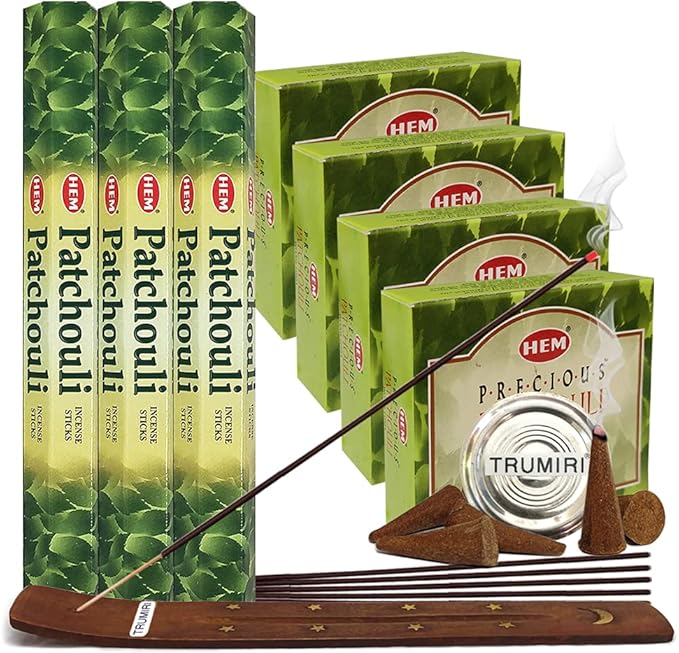 TRUMIRI Patchouli Incense Sticks and Cone Incense Holder Variety Pack Bundle