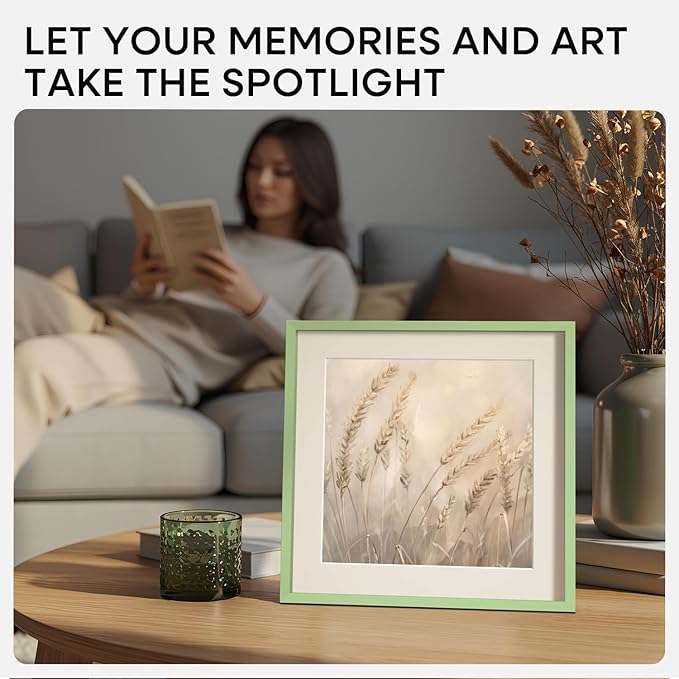 Homeforia 10x10 Picture Frame Sage Green, High End Metal 10 by 10 Square Frames with Mat 8 x 8 Photo, 10by10 Poster Frame Matted to 8x8 Art, Wall or Tabletop Frames, Tempered Glass, Wall Kit, Set of 2