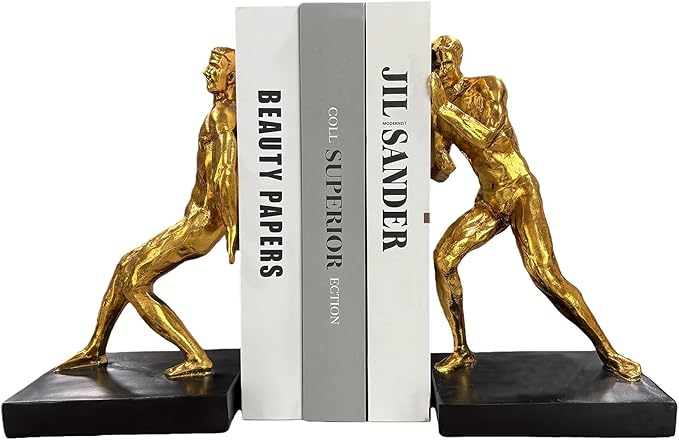 Golden Abstract Man Bookends Set of 2 – Heavy Duty Resin Sculpture Book Stoppers, Decorative Modern Book Ends for Home Office Bookshelf Organizer