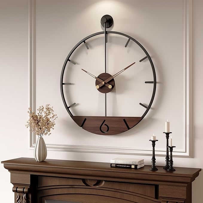 Cuspin Large Wall Clock 30 Inch Modern Farmhouse Wall Clock Battery Operated for Living Room Decor, Walnut Wood Dial with Black Metal Frame, Silent Non Ticking Clocks for Kitchen, Office, Bedroom