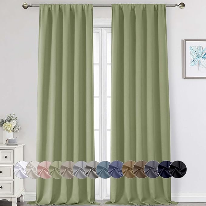 Extra Long Sage Green Blackout Curtains for Bedroom Living Room 108 Inches Long 2 Panels, Soft Solid Room Darkening Thermal Insulated Window Treatments, Rod Pocket Curtain, 50" Wx108 L