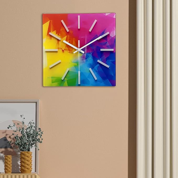 Square Glass Wall Clock Silent Analog Wall Clocks Battery Operated 12 Inch Colorful Wall Clock for Bedroom Living Room Office Classroom