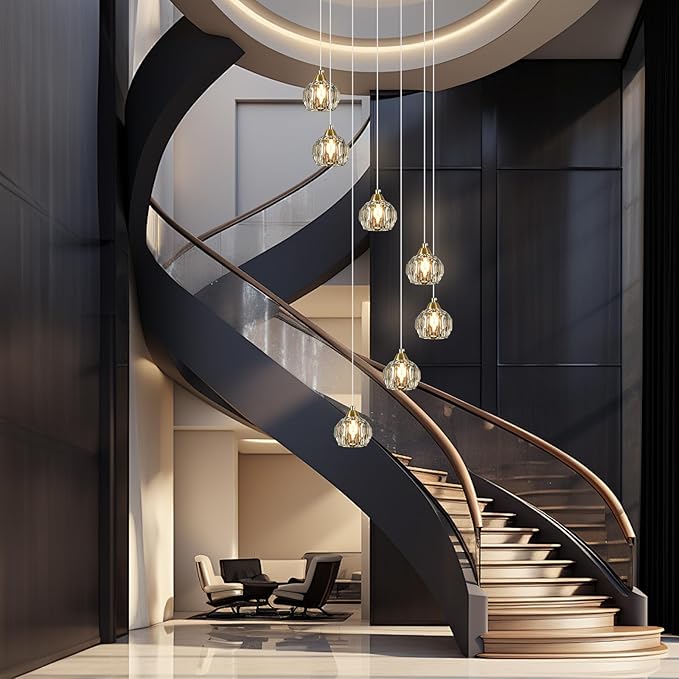 Crystal Chandeliers for Staircases, 7-Light Gold Modern Chandeliers for High Ceilings，Crystal Pendant Light Fixture for Living Room Kitchen Island Foyer Hallway Bar