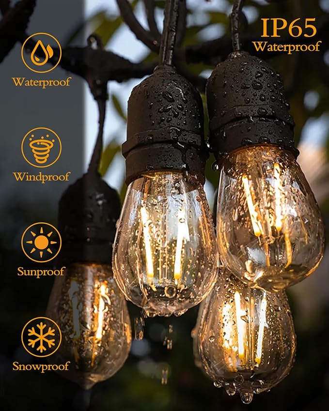 Outdoor String Lights, Super Bright LED - 48FT 15 S14 Bulbs (1 Spare), IP65 Waterproof, Commercial Grade & Shatterproof, Dimmable, UL Listed for Patio, Porch, Backyard, Gazebo