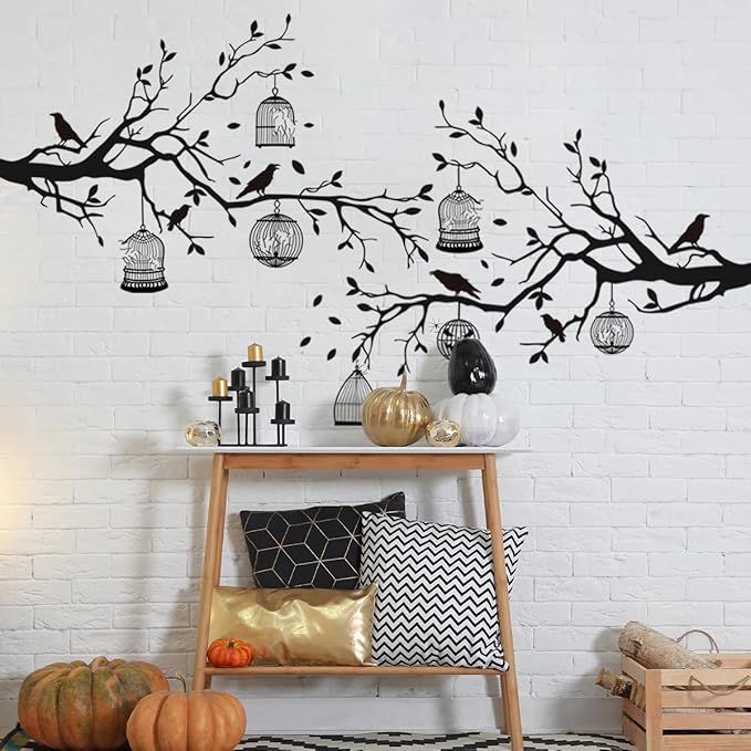 2 Sheets Halloween Gothic Wall Decals - Removable Raven Stickers, Black Crow Cage Decorations, Double Sided Design PVC Art Decal for Living Room Decor