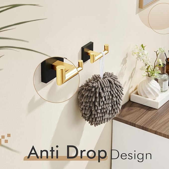 KOKOSIRI Robe Hooks Bath Towel Hooks Bathroom Hardware Double Coat Hooks Wall Mounted, Stainless Steel 2 Pack Black with Gold B1015GDK-P2
