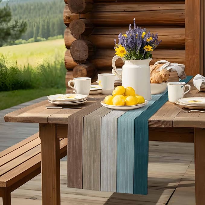 Teal Blue Brown Table Runner, Beach Cotton Linen Tablecloth Summer Holiday Farmhouse Table Decorations for Home,Kitchen,Dining Room,Indoor,Outdoor,18X72 Inches Long,Retro Rustic Barn Wood Texture