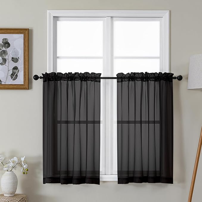Gwine Black Sheer Kitchen Curtains 36 Inch Length, Light Filtering Voile Soft Airy Small Cafe Curtains, Short Window Curtain for Bathroom Basement, 42x36 inch, 2PCS