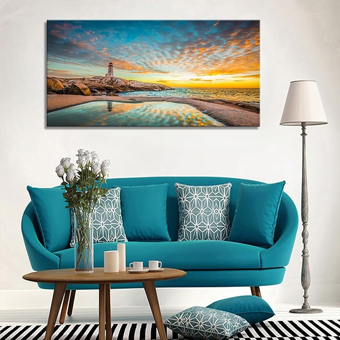 YYYYHPP YP1850 Canvas Prints Wall Art Peggy's Cove Lighthouse Sunset Ocean View Landscape Nature Pictures Stretched Canvas Wooden Framed for Living Room Bedroom and Office Wall Decor