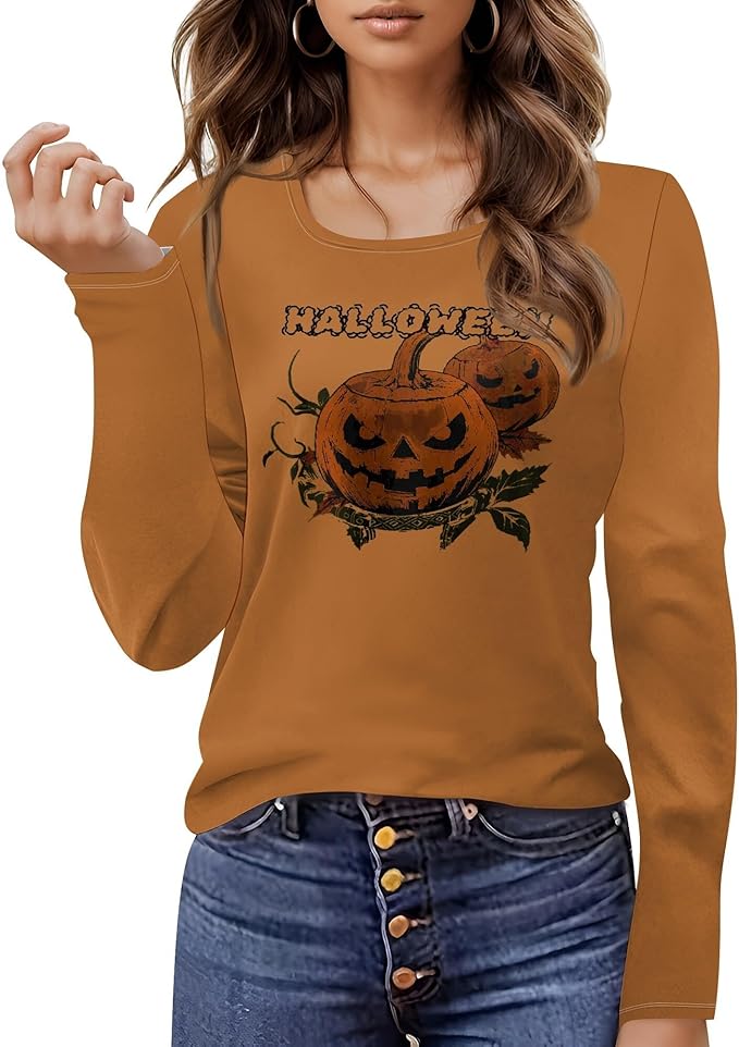 Halloween Sweatshirt Ghost Graphic U-Neck Sweatshirt Long Sleeve Breathable Plus Size Halloween Pullover Best Gift