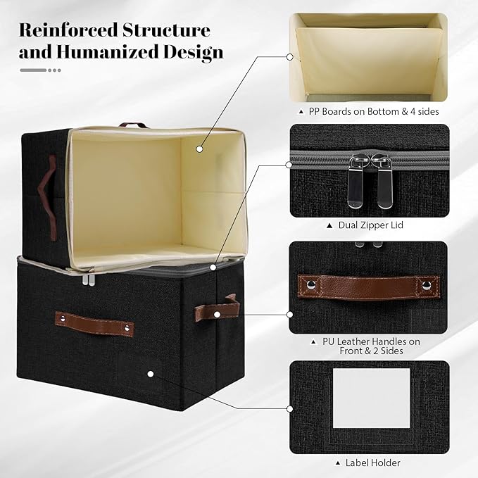 ANMINY Storage Bins with Zipper Lid Storage Boxes with Label Holder PU Leather Handles Washable Foldable Decorative Lidded Cotton Linen Fabric Cubes Baskets Closet Organizer - Black, Medium