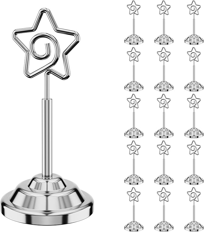 Urban Deco 16 Pieces Table Card Holder Place Card Holders 4 inches Steel Card Holders for Photos, Food Signs, Memo Notes, Weddings, Restaurants, Birthdays (Silver Pentagram)