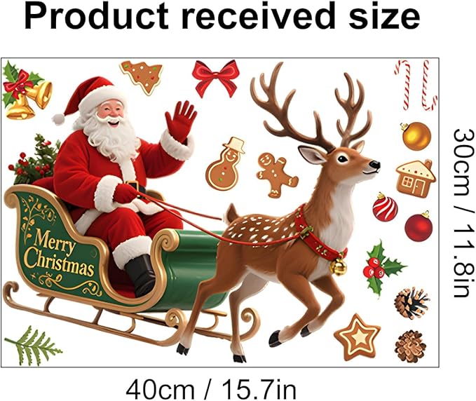Santa Sleigh Christmas Wall Decals | Peel and Stick Holiday Decorations with Reindeer, Gingerbread & Ornaments – Removable Vinyl Stickers for Winter Wall, Window, Office & Seasonal Displays
