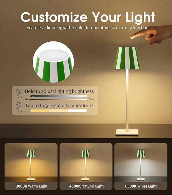 UME 3 Pack Cordless Table Lamp, Battery Operated Lamp - Portable Waterproof Rechargeable Table Lamp w/ 3 Color Temps & Stepless Dimming for Dinner, Desk, Cafe, Outdoor (Christmas Green)