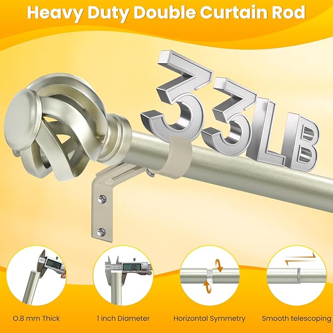 Curtain Rod for Windows 66 to 120 inches: 1 inch Diameter Heavy-duty Adjustable Decorative Curtain Rod, Silver Boho Rustic Drapery Rods with Twisted Cage Finials for Bedroom & Living Room