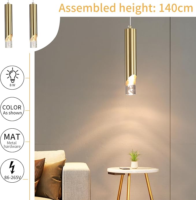 Modern Gold Pendant Light Fixture, Acrylic Bubble Cylinder Hanging Lights, 3 Color 2700K/4500K/6500K, Minimalist Ceiling Chandelier Lighting for Dining Room, Bedroom, Hallway, Bar, Kitchen Island