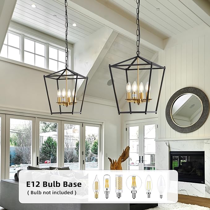 Rustic Lantern Chandeliers 4-Light Ceiling Cage Hanging Lights Black and Gold Pendant Light Fixtures for Kitchen Island Dining Room Farmhouse Entryway Foyer