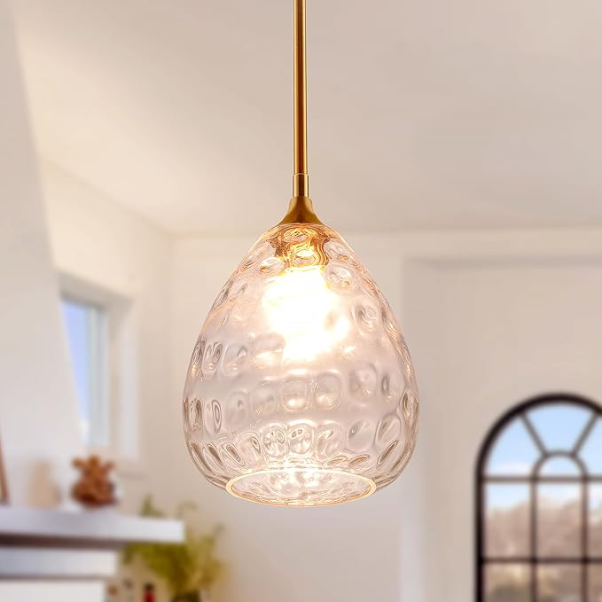 Transparent Clear Hammered Glass Pendant Light with Brass Gold Accent, Adjustable Hanging Lamp for Kitchen, Dining Room, and Living Room