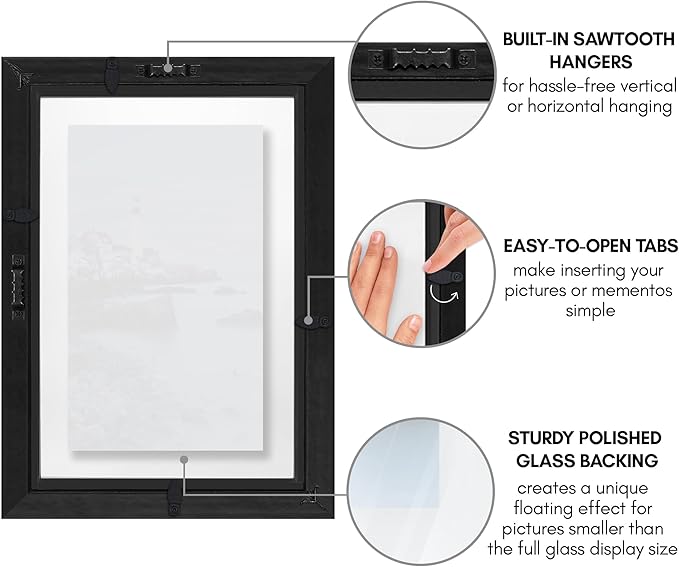 Americanflat 5x7 Floating Picture Frame with Polished Crystal-Clear Glass - Use as 5x7 Picture Frame or Display 3x5 Photo - Signature Float Collection - Photo Frames for Wall Display - Black