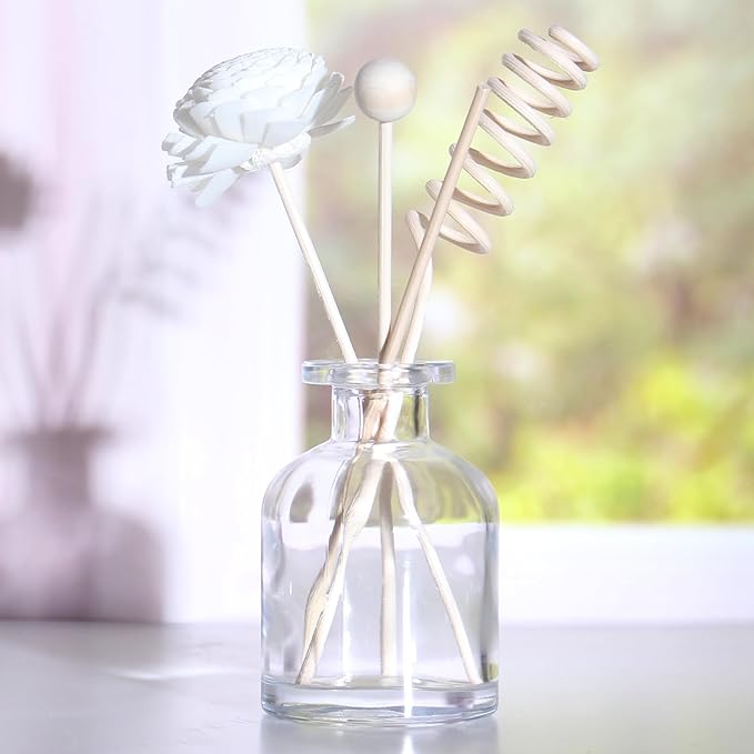 4Pcs Fragrance Glass Diffuser Bottles, Refillable Diffusers Bottles with 16 pcs Reed Diffuser Sticks and Caps,Diffuser Jars for Home Oil Fragrance Decoration Girl Women Gift (4 Color)