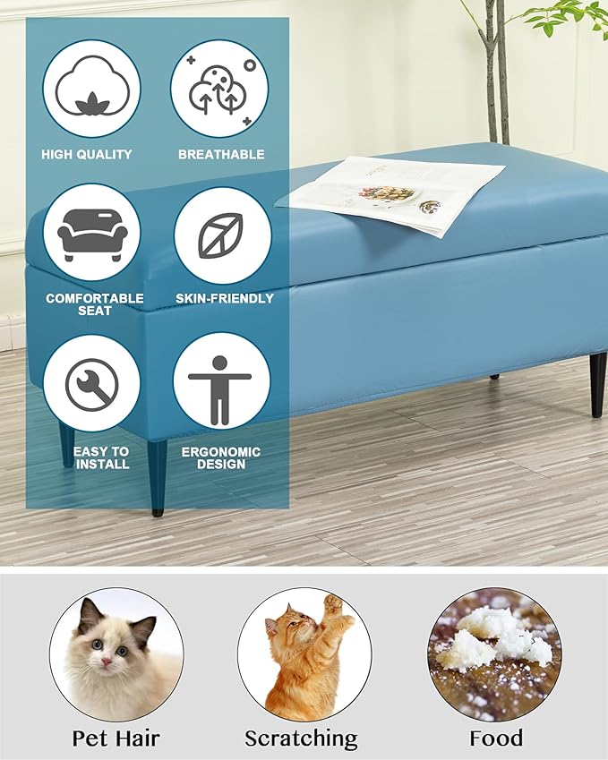 CRFATOP Waterproof PU Ottoman Stool Cover Stretch Folding Storage Footstool Bench Slipcovers Upholstered Foot Chest Chair Covers Washable Entryway Furniture Protector with Elastic Bands,M,Blue