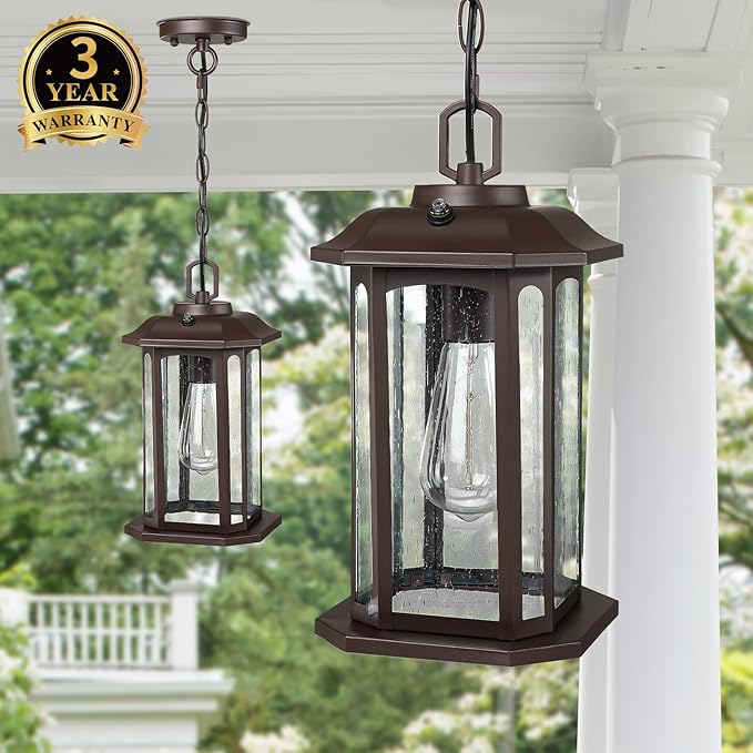13.4'' Dusk to Dawn Outdoor Pendant Lights for Porch, Brown Hanging Porch Light with Seeded Glass, Waterproof Outdoor Chandelier Farmhouse Ceiling Light Fixture Lanterns, 1Pack