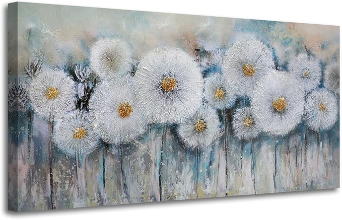 Acocifi Floral Canvas Wall Art for Living Room Dandelion Picture Large Flower Bedroom Painting 60% Handmade Textured, Grey Vintage Artwork Framed for Dining Room Office Home Decor 48"x24"