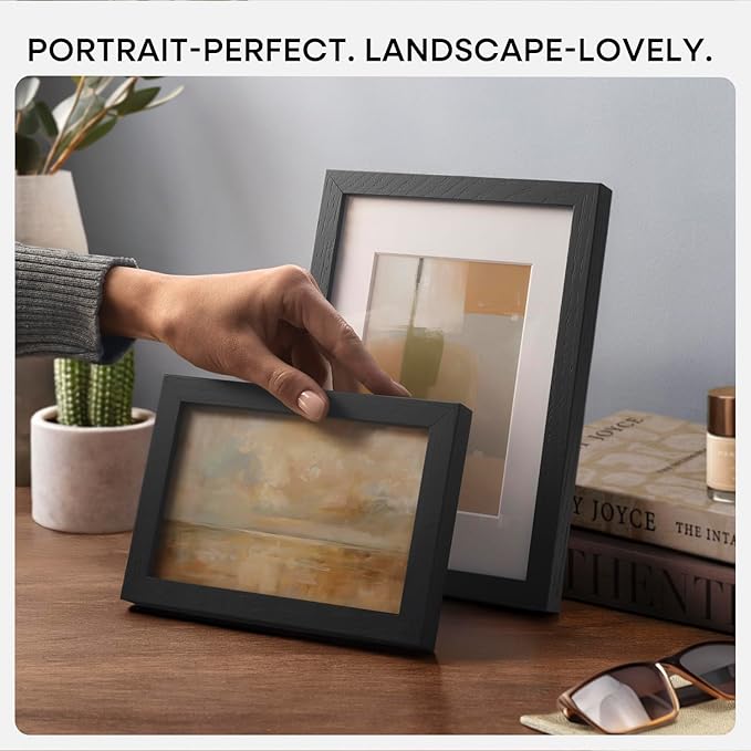 Homeforia 9x12 Black Wood Picture Frame, High End Oak 9 x 12 Frames with Mat 7 by 10 Art, 9by12 Black Wooden Frame Matted to 7x10 inch Photo, Wall or Tabletop Frame, Tempered Glass, Wall Kit, Set of 2