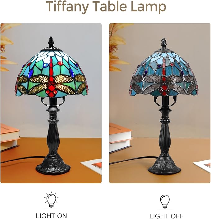 Tiffany Lamp Dragonfly Stained Glass Table Lamp, 8 Inch Antique Desk Lamp with LED Bulb, Desk Reading Light for Bedroom Living Room Office Table Lamps for Bedside Nightstand Gift