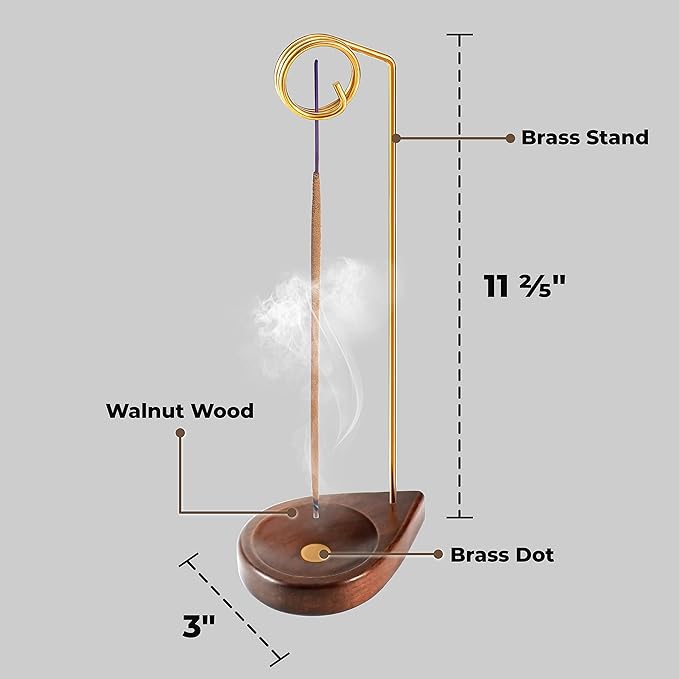 Curawood Incense Holder for Sticks - 11.4" Tall Reverse Style Incense Burner Holder with Mess Free Ash Catcher Tray - Modern & Minimalist Design Incense Sticks Holder with Brass & Walnut Wood Elements