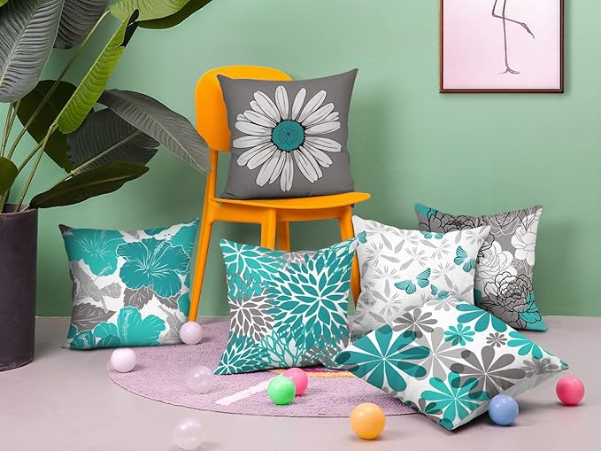 COMMINY Set of 6 Teal Grey Pillow Covers 18x18 Inch Decorative Daisy Dahlias Throw Pillow Cover Farmhouse Rustic Turquoise Pillow Case for Couch Living Room Patio