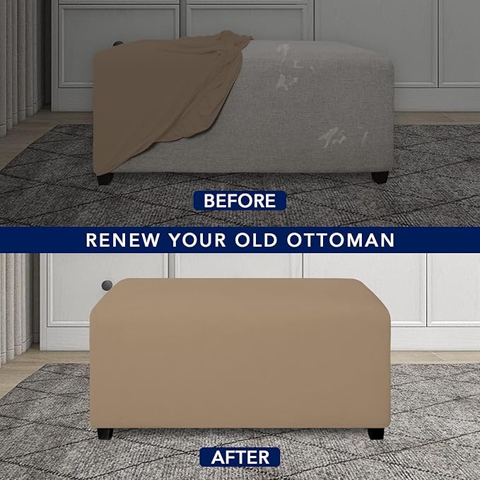 PureFit Super Stretch Soft Form Fit Ottoman Cover Rectangle - Ottoman Slipcovers for Foot Stool & Folding Storage Furniture for Living Room with Nonslip Elastic Bottom (Small, Camel)