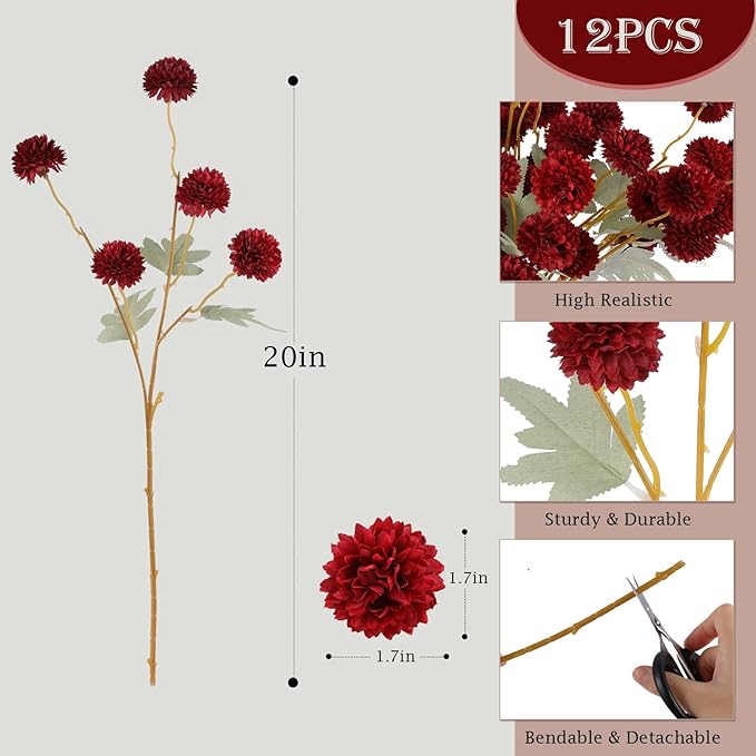Hananona 12 Pcs Artificial Chrysanthemum Flowers, Red Kiku Pom Pom Mums Flower BurgundyFaux Floral Arrangements Wedding Centerpiece for Fall Autumn Home Kitchen Decor (12, Burgundy)