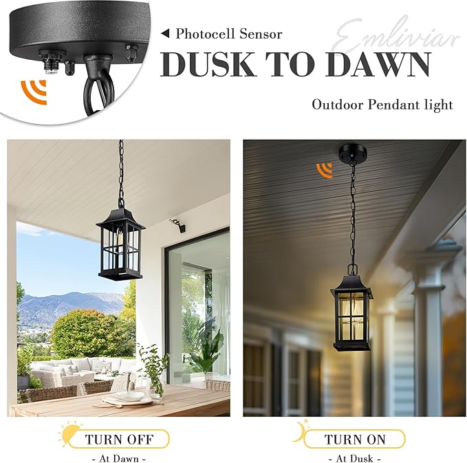 Emliviar 10.6" Dusk to Dawn Outdoor Pendant Light, Black Hanging Porch Light with Clear Glass Shade, Weatherproof Ceiling Lamp for Patio, Auto On/Off, YXE306H-PC BK