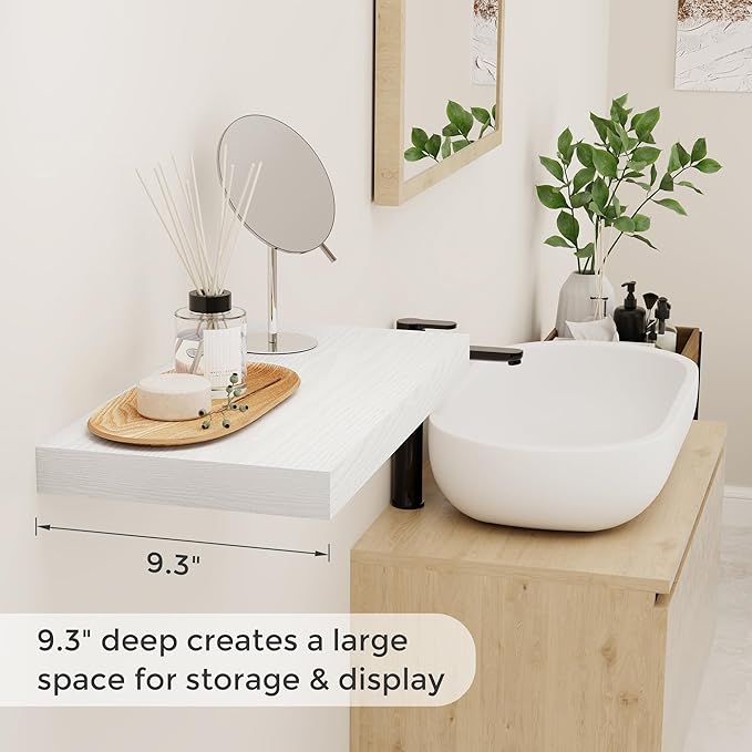 Fun Memories 16 Inch Long Floating Shelves in White, 9.3 Inch Deep Floating Shelf for Wall, Living Room, Kitchen, Rustic Deep Wood Shelves for Bathroom, 2 Pack Storage Display Shelf for Books, Decor