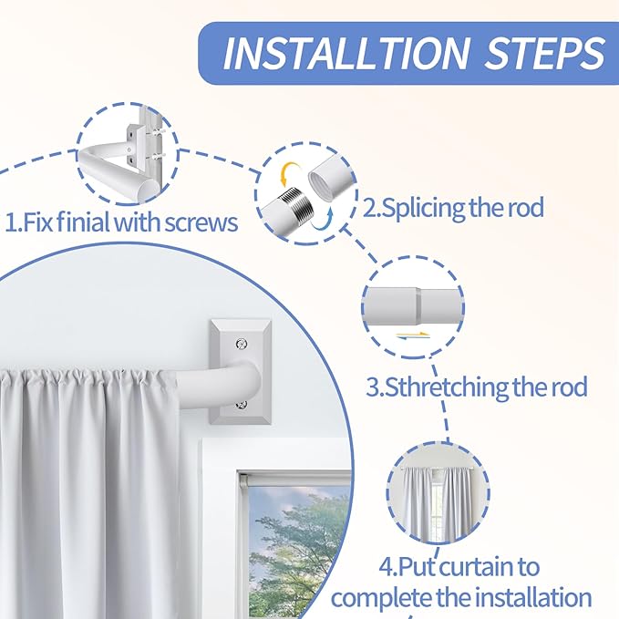 White Blackout Curtain Rod, Adjustable Extra Long Rod for Windows 66 to 152 Inches(5.5-12.7Ft), Wrap Around Heavy Duty Drapery Rods, French Return Room Darkening Curtain Rods,White