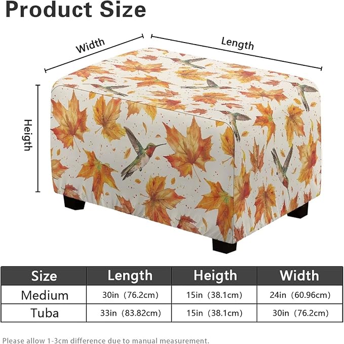 Fall Maple Leaves Ottoman Cover with Hummingbird - Elastic Stretch Slipcover, Machine Washable Furniture Protector for Rectangular Footstools, 30x24x15 inch