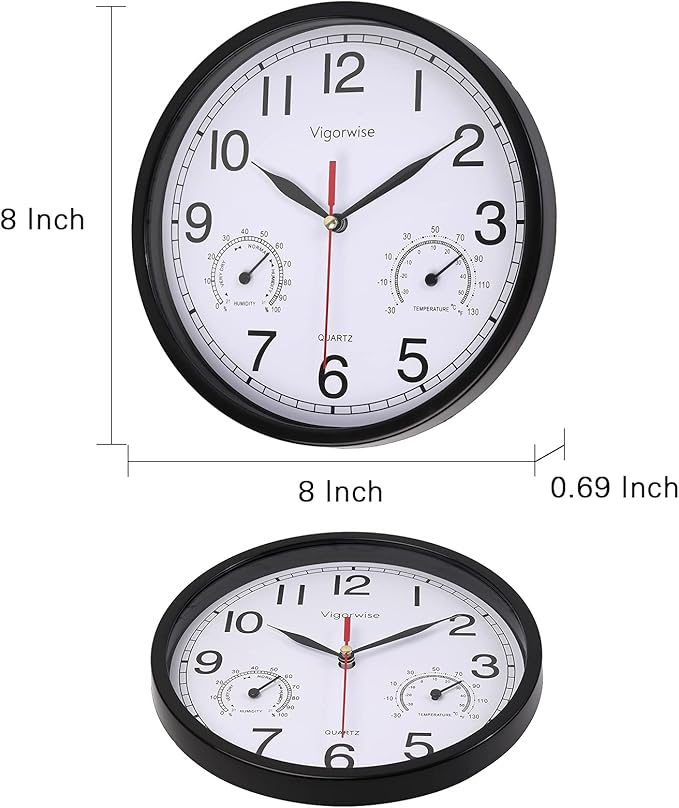 Wall Clock, Sweep Silent Movement Accurate Clocks with Temperature & Humidity, Decorative for Kitchen/Living Room/Bedroom/Office/School/Classroom (Black, 8 inch)