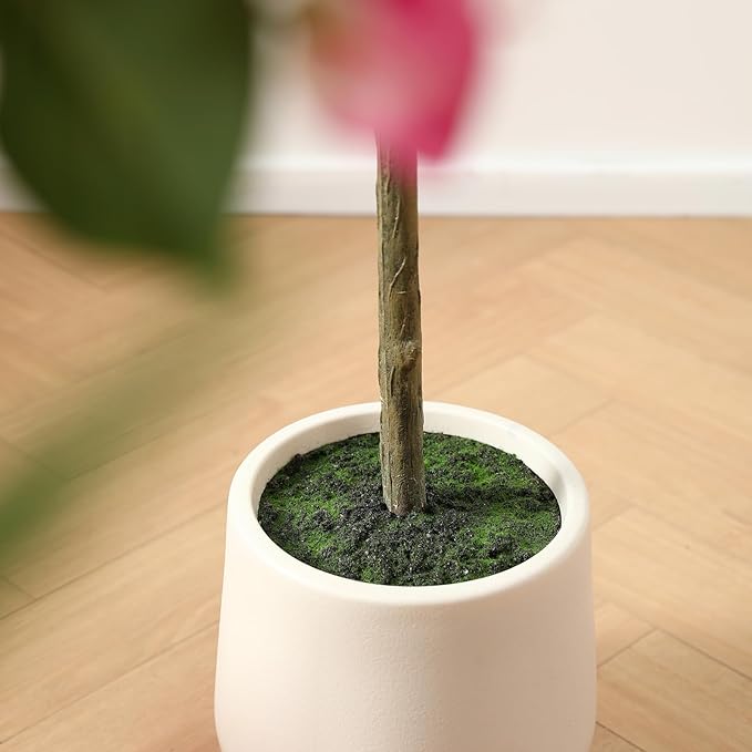 6FT Artificial Bougainvillea Tree- Faux Pink Silk Flowers in White Imitation Ceramic Planter - Fake Plants for Indoor Home Office and Living Room Decor - Perfect Housewarming Gift