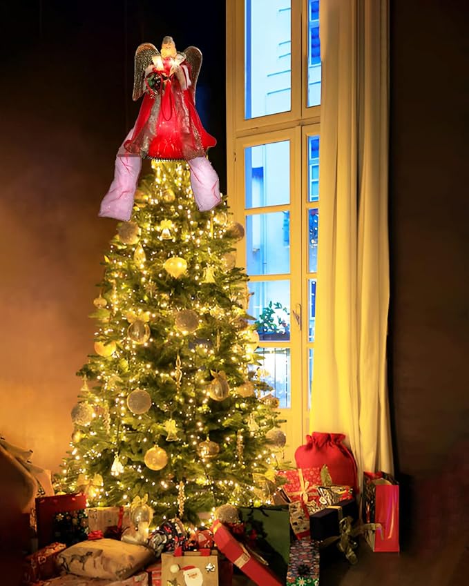 Angel Christmas Tree Topper with Lights, Red & Gold Angel, Lighted Vintage Christmas Tree Topper Decorations Holiday Home Office