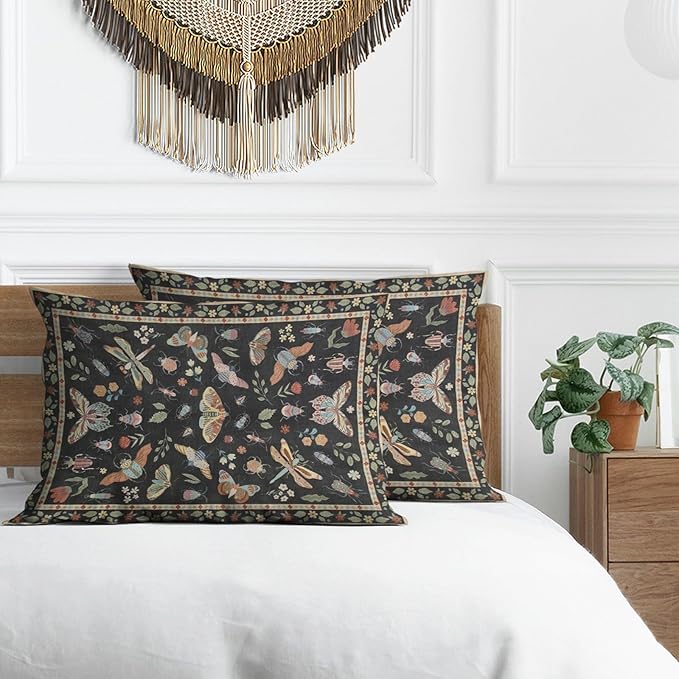 Boho Pillow Protectors with Zipper Standard Size Moody Floral Butterfly Pillow Covers Set of 2 Vintage Black Queen Size Pillowcases Rustic Botanical Insect Farmhouse Bedding Decor 30"x20"