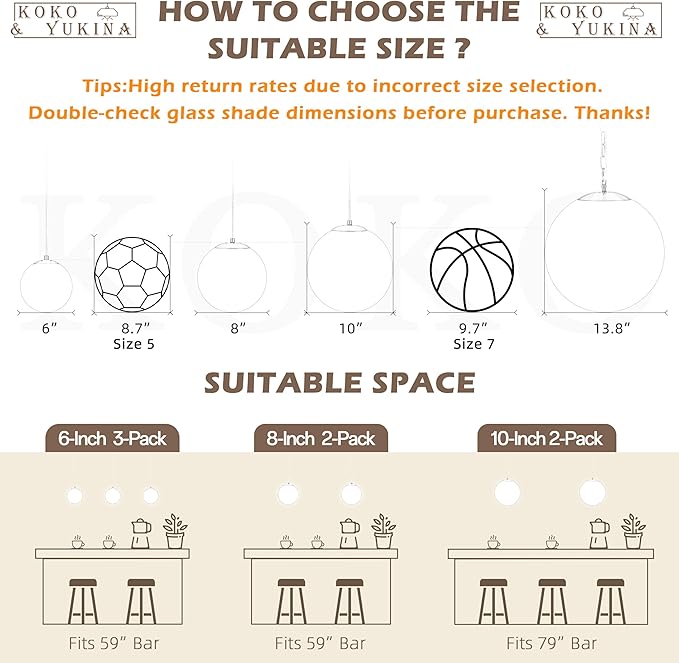 KoKo&Yukina 6 Inch Globe Pendant Light Nickel Globe Pendant Lights Kitchen Island Mid Century Light Fixture with Milky White Glass Shade for Dining Room Living Room