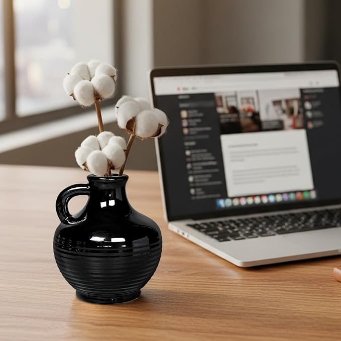 Sunddo Black Ceramic Vases Home Décor- 6 Inch Small Modern Decorative Vase with Handle, Black Decor, Table Mantle Fireplace Living Room Bathroom Wedding Centerpiece